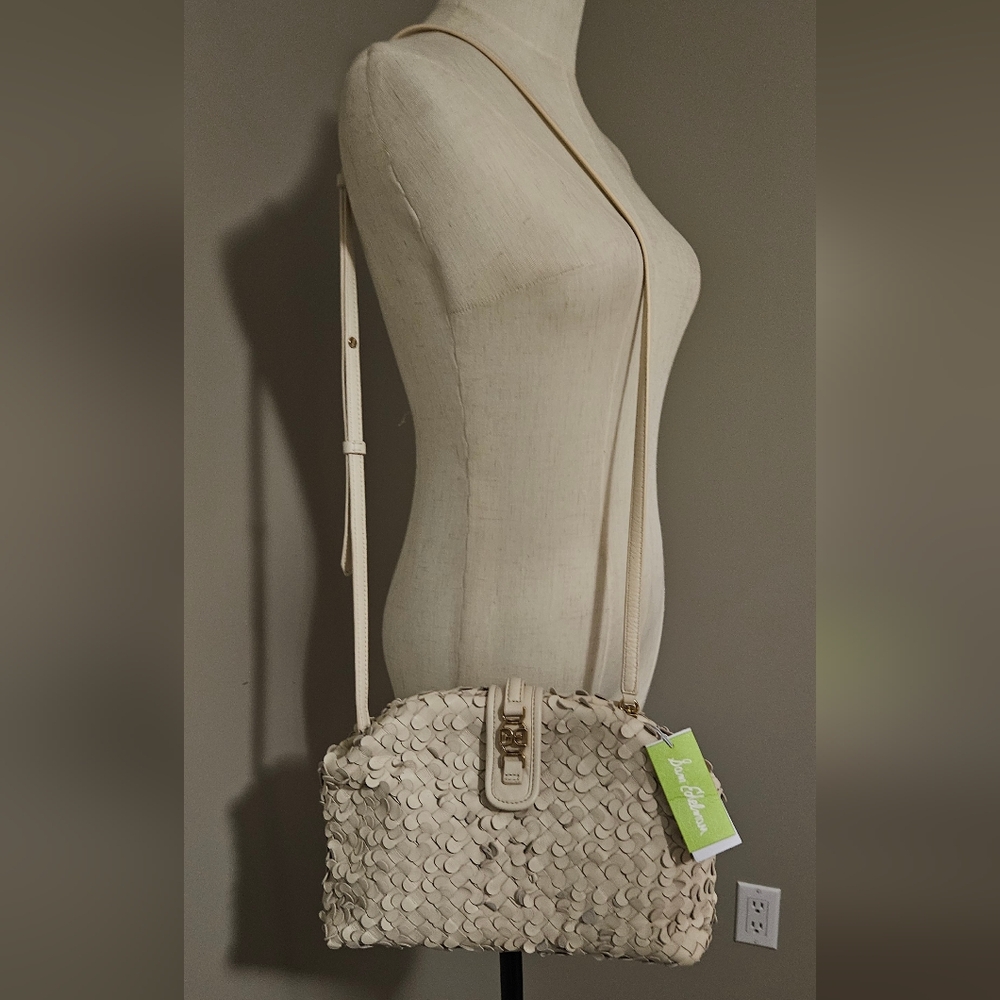 NEW Sam Edelman‎ Bianka Woven Leather Frame Clutch/Crossbody: Ivory/Gold